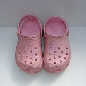 Iconic CROCS CLASSIC Glitter Pink Silver Clogs Kids Toddler Size 12 Beach Water